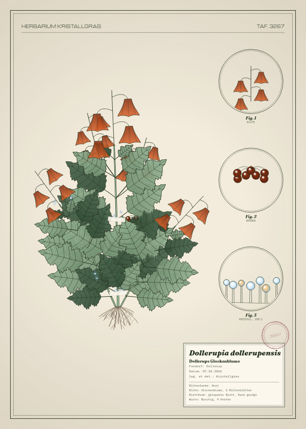 Botanische Tafel: Dollerupia dollerupensis, eine erfundene Pflanze aus Dollerup, gezeichnet wie in einem alten Pflanzenatlas