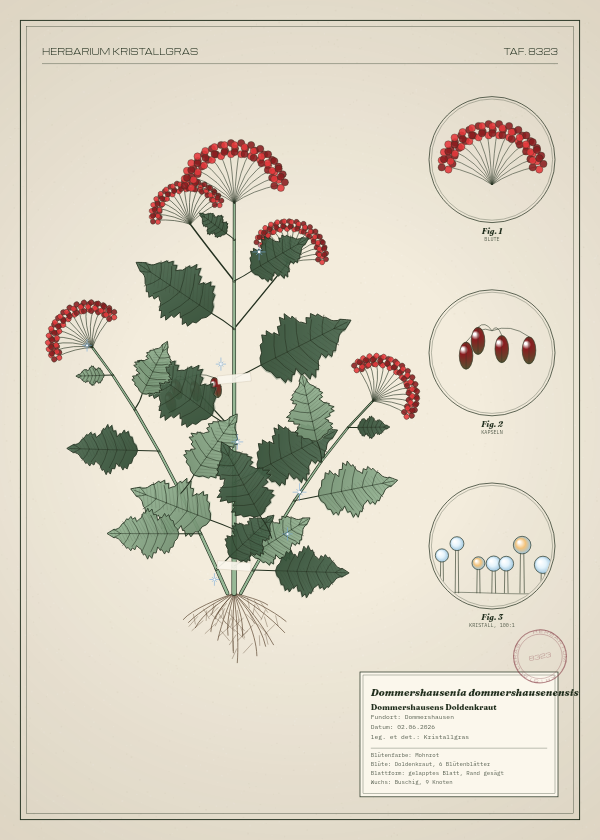 Botanische Tafel: Dommershausenia dommershausenensis, eine erfundene Pflanze aus Dommershausen, gezeichnet wie in einem alten Pflanzenatlas