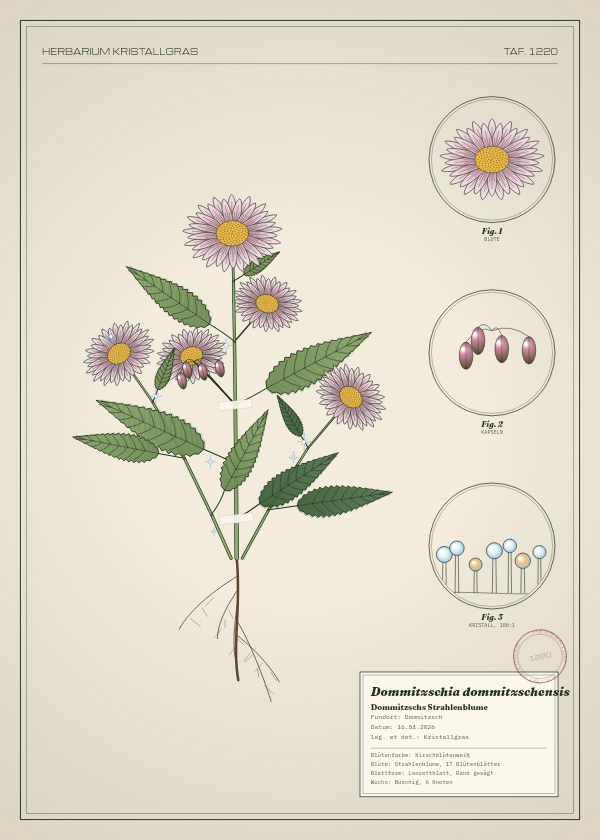 Botanische Tafel: Dommitzschia dommitzschensis, eine erfundene Pflanze aus Dommitzsch, gezeichnet wie in einem alten Pflanzenatlas