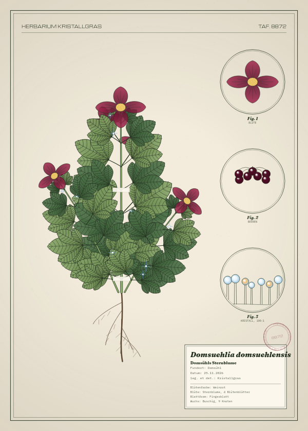 Botanische Tafel: Domsuehlia domsuehlensis, eine erfundene Pflanze aus Domsühl, gezeichnet wie in einem alten Pflanzenatlas