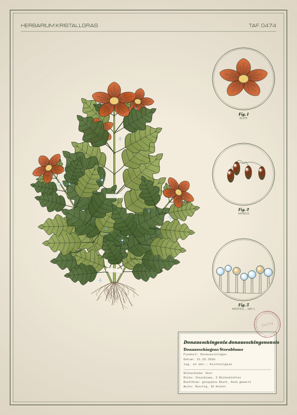 Botanische Tafel: Donaueschingenia donaueschingenensis, eine erfundene Pflanze aus Donaueschingen, gezeichnet wie in einem alten Pflanzenatlas