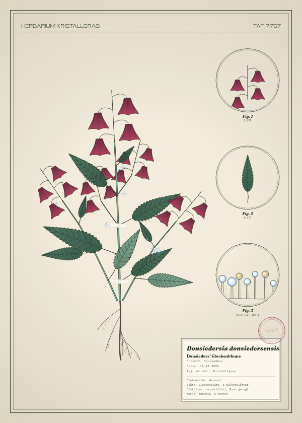 Botanische Tafel: Donsiedersia donsiedersensis, eine erfundene Pflanze aus Donsieders, gezeichnet wie in einem alten Pflanzenatlas