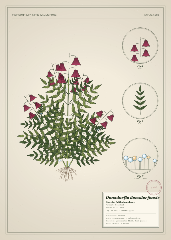 Botanische Tafel: Donzdorfia donzdorfensis, eine erfundene Pflanze aus Donzdorf, gezeichnet wie in einem alten Pflanzenatlas