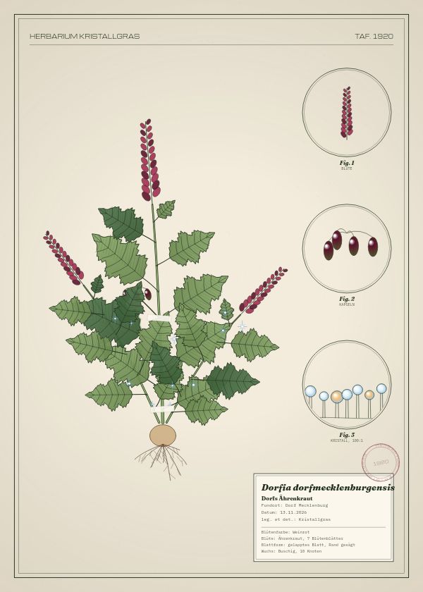 Botanische Tafel: Dorfia dorfmecklenburgensis, eine erfundene Pflanze aus Dorf Mecklenburg, gezeichnet wie in einem alten Pflanzenatlas