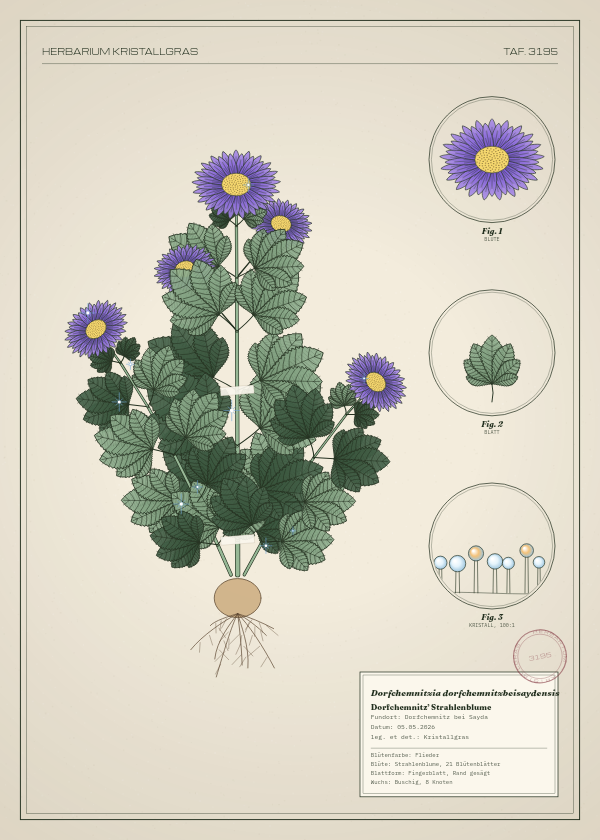 Botanische Tafel: Dorfchemnitzia dorfchemnitzbeisaydensis, eine erfundene Pflanze aus Dorfchemnitz bei Sayda, gezeichnet wie in einem alten Pflanzenatlas