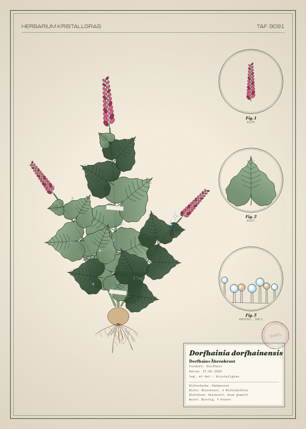 Botanische Tafel: Dorfhainia dorfhainensis, eine erfundene Pflanze aus Dorfhain, gezeichnet wie in einem alten Pflanzenatlas