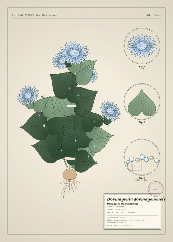 Botanische Tafel: Dormagenia dormagenensis, eine erfundene Pflanze aus Dormagen, gezeichnet wie in einem alten Pflanzenatlas