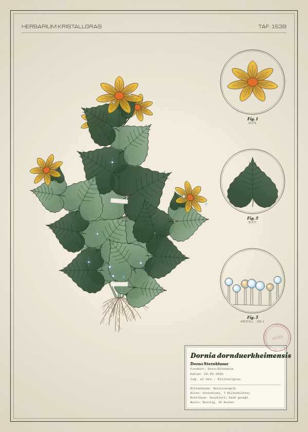 Botanische Tafel: Dornia dornduerkheimensis, eine erfundene Pflanze aus Dorn-Dürkheim, gezeichnet wie in einem alten Pflanzenatlas