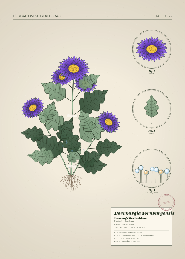 Botanische Tafel: Dornburgia dornburgensis, eine erfundene Pflanze aus Dornburg, gezeichnet wie in einem alten Pflanzenatlas