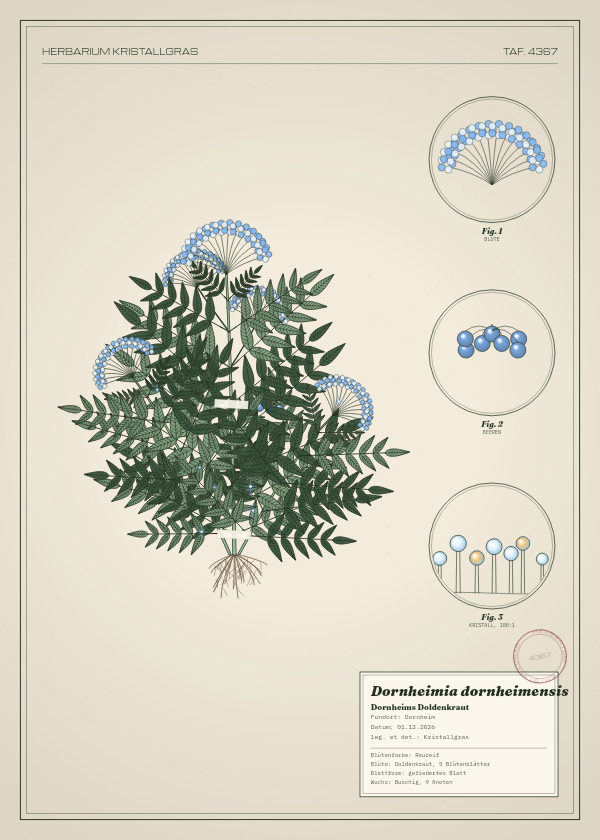 Botanische Tafel: Dornheimia dornheimensis, eine erfundene Pflanze aus Dornheim, gezeichnet wie in einem alten Pflanzenatlas