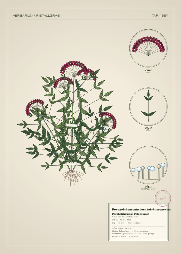 Botanische Tafel: Dornholzhausenia dornholzhausenensis, eine erfundene Pflanze aus Dornholzhausen, gezeichnet wie in einem alten Pflanzenatlas