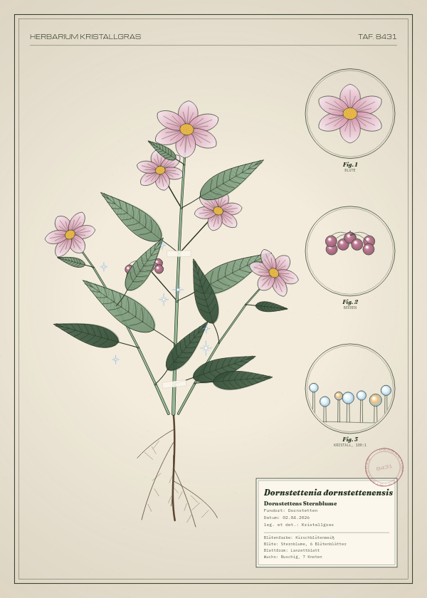 Botanische Tafel: Dornstettenia dornstettenensis, eine erfundene Pflanze aus Dornstetten, gezeichnet wie in einem alten Pflanzenatlas