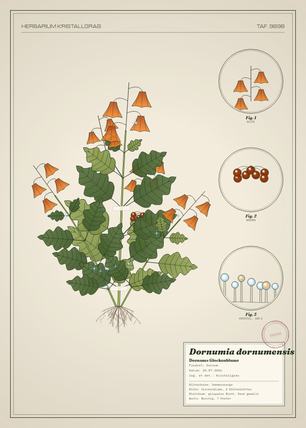 Botanische Tafel: Dornumia dornumensis, eine erfundene Pflanze aus Dornum, gezeichnet wie in einem alten Pflanzenatlas