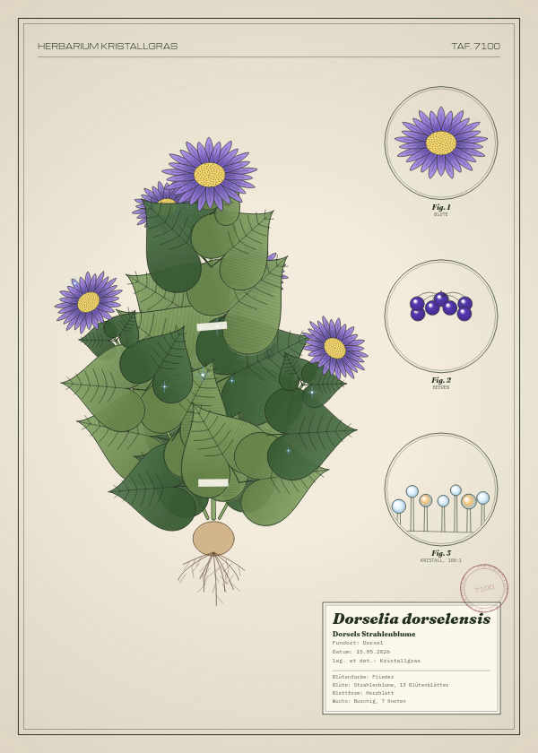 Botanische Tafel: Dorselia dorselensis, eine erfundene Pflanze aus Dorsel, gezeichnet wie in einem alten Pflanzenatlas