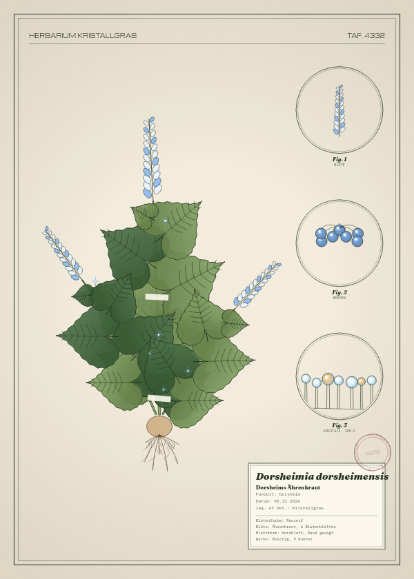 Botanische Tafel: Dorsheimia dorsheimensis, eine erfundene Pflanze aus Dorsheim, gezeichnet wie in einem alten Pflanzenatlas
