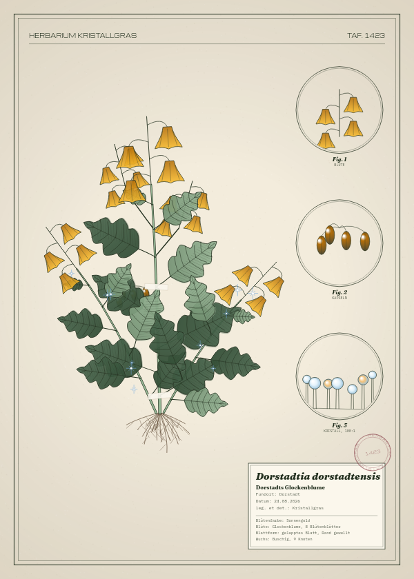 Botanische Tafel: Dorstadtia dorstadtensis, eine erfundene Pflanze aus Dorstadt, gezeichnet wie in einem alten Pflanzenatlas