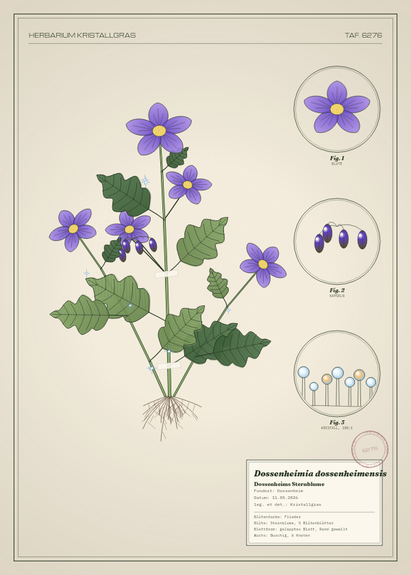 Botanische Tafel: Dossenheimia dossenheimensis, eine erfundene Pflanze aus Dossenheim, gezeichnet wie in einem alten Pflanzenatlas