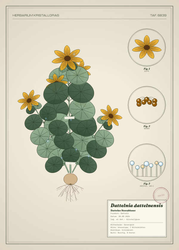 Botanische Tafel: Dattelnia dattelnensis, eine erfundene Pflanze aus Datteln, gezeichnet wie in einem alten Pflanzenatlas