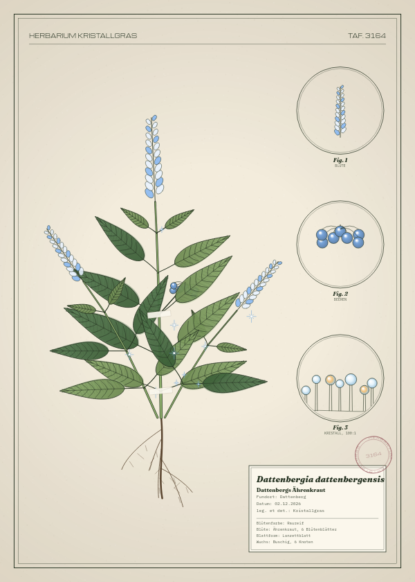 Botanische Tafel: Dattenbergia dattenbergensis, eine erfundene Pflanze aus Dattenberg, gezeichnet wie in einem alten Pflanzenatlas