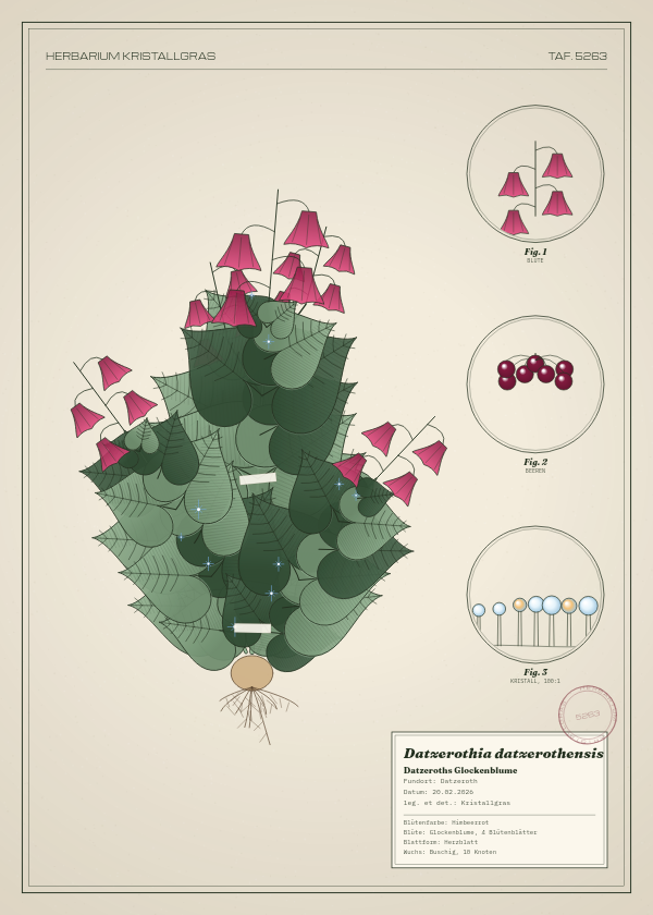 Botanische Tafel: Datzerothia datzerothensis, eine erfundene Pflanze aus Datzeroth, gezeichnet wie in einem alten Pflanzenatlas