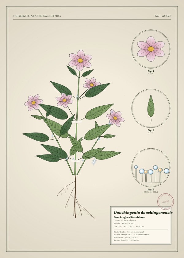 Botanische Tafel: Dauchingenia dauchingenensis, eine erfundene Pflanze aus Dauchingen, gezeichnet wie in einem alten Pflanzenatlas