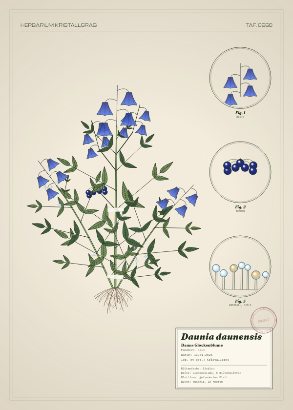 Botanische Tafel: Daunia daunensis, eine erfundene Pflanze aus Daun, gezeichnet wie in einem alten Pflanzenatlas