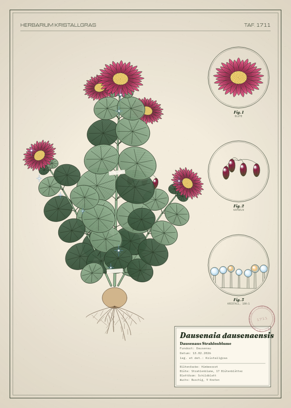 Botanische Tafel: Dausenaia dausenaensis, eine erfundene Pflanze aus Dausenau, gezeichnet wie in einem alten Pflanzenatlas