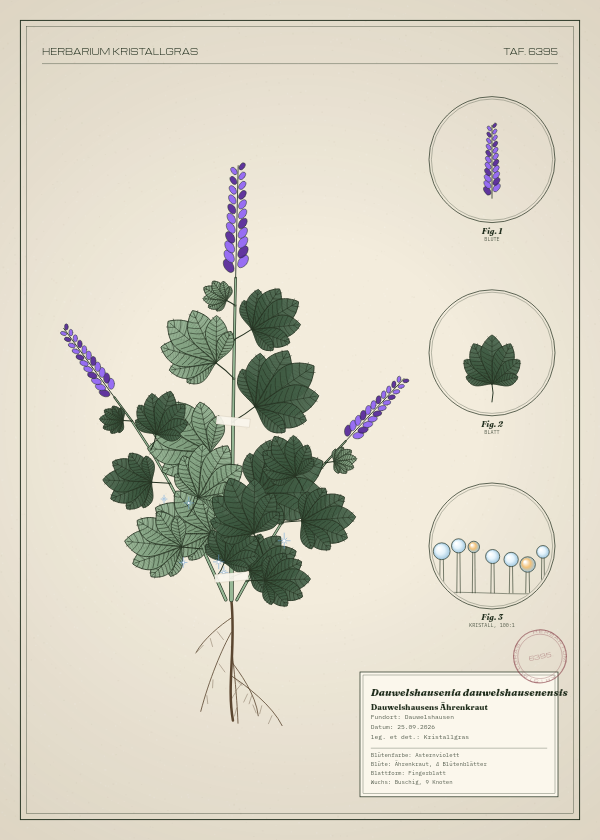 Botanische Tafel: Dauwelshausenia dauwelshausenensis, eine erfundene Pflanze aus Dauwelshausen, gezeichnet wie in einem alten Pflanzenatlas