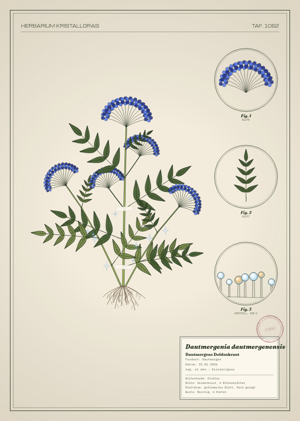 Botanische Tafel: Dautmergenia dautmergenensis, eine erfundene Pflanze aus Dautmergen, gezeichnet wie in einem alten Pflanzenatlas