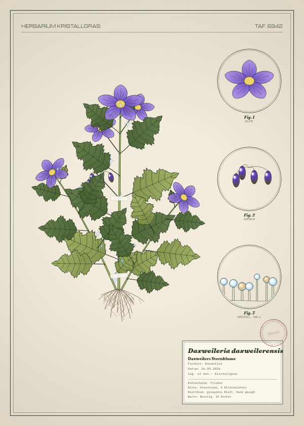 Botanische Tafel: Daxweileria daxweilerensis, eine erfundene Pflanze aus Daxweiler, gezeichnet wie in einem alten Pflanzenatlas