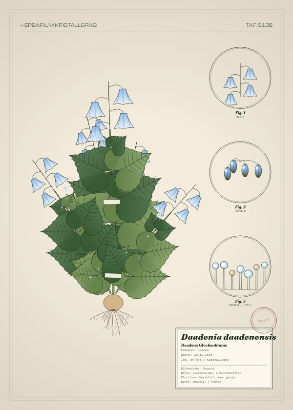 Botanische Tafel: Daadenia daadenensis, eine erfundene Pflanze aus Daaden, gezeichnet wie in einem alten Pflanzenatlas