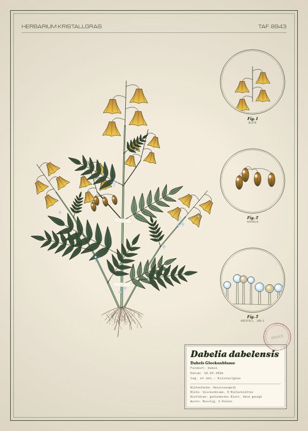 Botanische Tafel: Dabelia dabelensis, eine erfundene Pflanze aus Dabel, gezeichnet wie in einem alten Pflanzenatlas