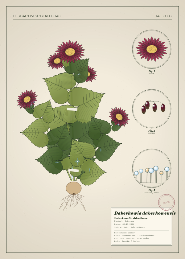 Botanische Tafel: Daberkowia daberkowensis, eine erfundene Pflanze aus Daberkow, gezeichnet wie in einem alten Pflanzenatlas