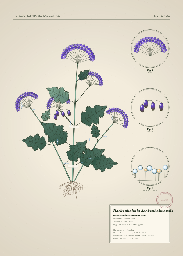 Botanische Tafel: Dackenheimia dackenheimensis, eine erfundene Pflanze aus Dackenheim, gezeichnet wie in einem alten Pflanzenatlas