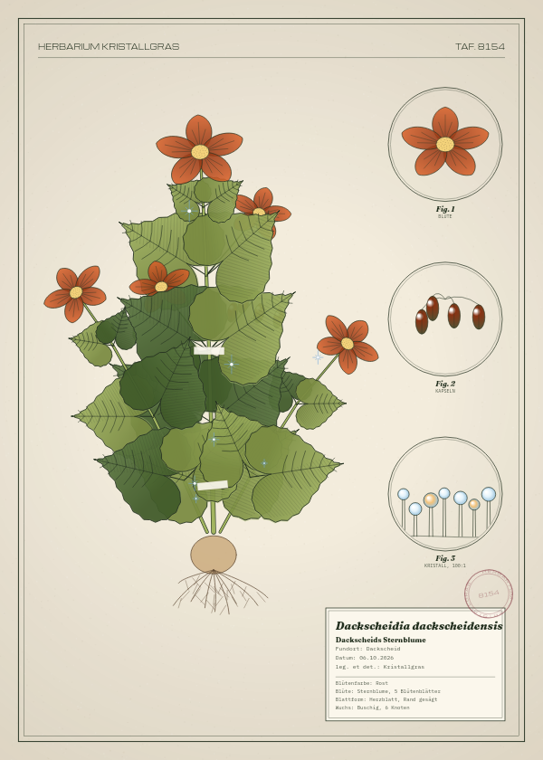 Botanische Tafel: Dackscheidia dackscheidensis, eine erfundene Pflanze aus Dackscheid, gezeichnet wie in einem alten Pflanzenatlas