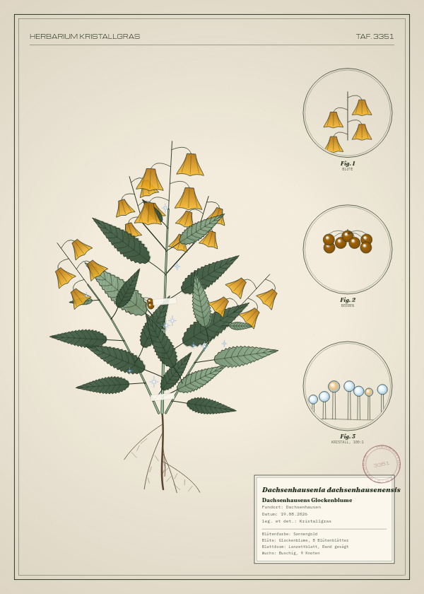 Botanische Tafel: Dachsenhausenia dachsenhausenensis, eine erfundene Pflanze aus Dachsenhausen, gezeichnet wie in einem alten Pflanzenatlas