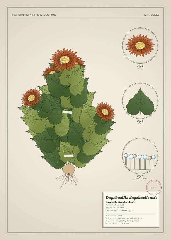 Botanische Tafel: Dagebuellia dagebuellensis, eine erfundene Pflanze aus Dagebüll, gezeichnet wie in einem alten Pflanzenatlas