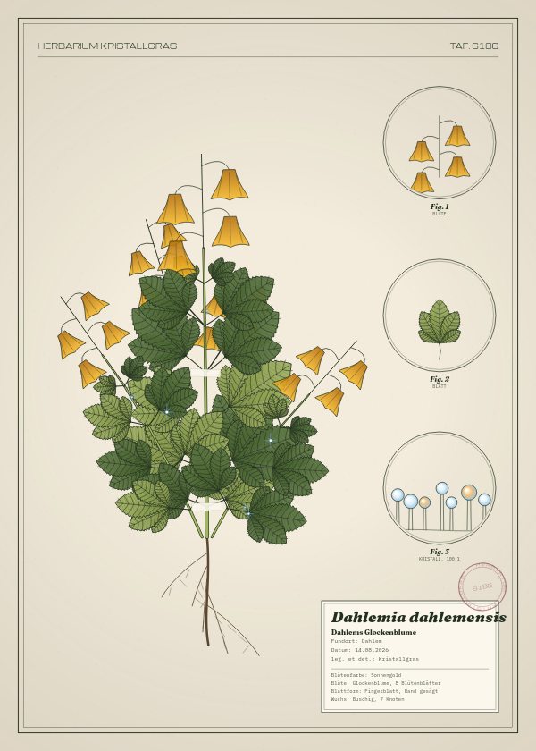 Botanische Tafel: Dahlemia dahlemensis, eine erfundene Pflanze aus Dahlem, gezeichnet wie in einem alten Pflanzenatlas