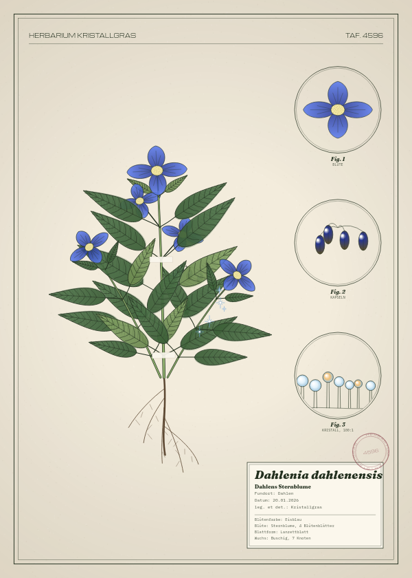 Botanische Tafel: Dahlenia dahlenensis, eine erfundene Pflanze aus Dahlen, gezeichnet wie in einem alten Pflanzenatlas