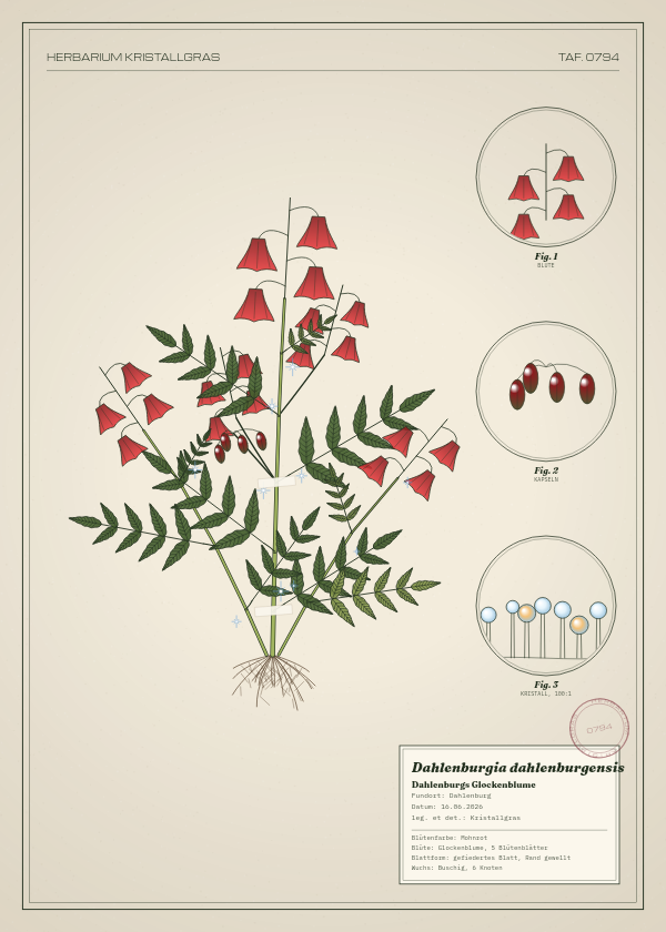 Botanische Tafel: Dahlenburgia dahlenburgensis, eine erfundene Pflanze aus Dahlenburg, gezeichnet wie in einem alten Pflanzenatlas
