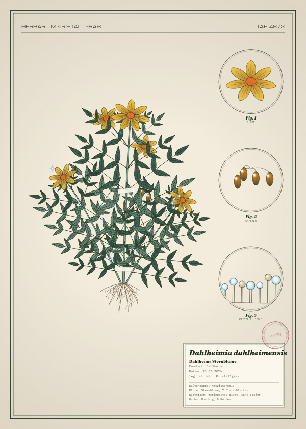 Botanische Tafel: Dahlheimia dahlheimensis, eine erfundene Pflanze aus Dahlheim, gezeichnet wie in einem alten Pflanzenatlas