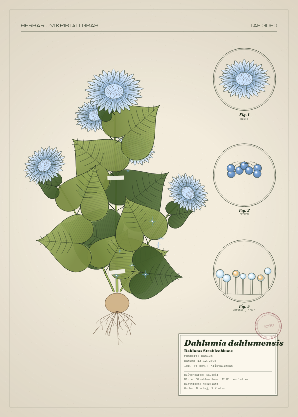Botanische Tafel: Dahlumia dahlumensis, eine erfundene Pflanze aus Dahlum, gezeichnet wie in einem alten Pflanzenatlas