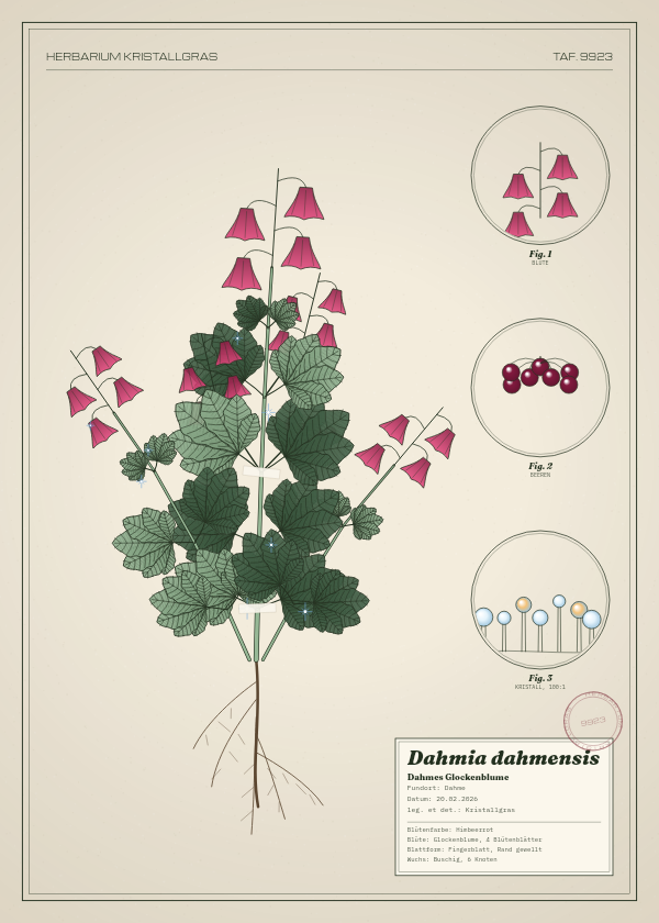 Botanische Tafel: Dahmia dahmensis, eine erfundene Pflanze aus Dahme, gezeichnet wie in einem alten Pflanzenatlas