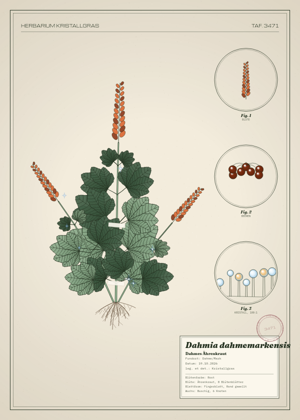 Botanische Tafel: Dahmia dahmemarkensis, eine erfundene Pflanze aus Dahme/Mark, gezeichnet wie in einem alten Pflanzenatlas