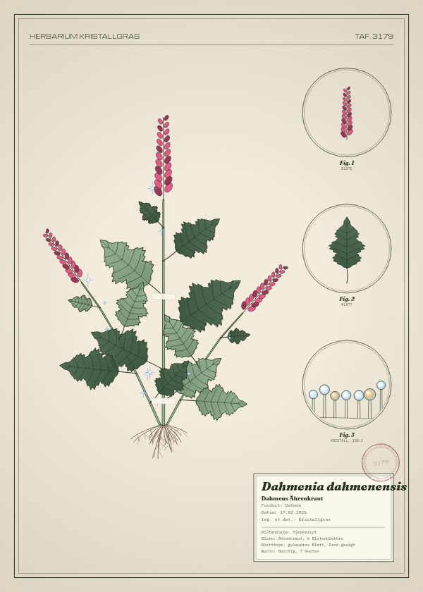 Botanische Tafel: Dahmenia dahmenensis, eine erfundene Pflanze aus Dahmen, gezeichnet wie in einem alten Pflanzenatlas