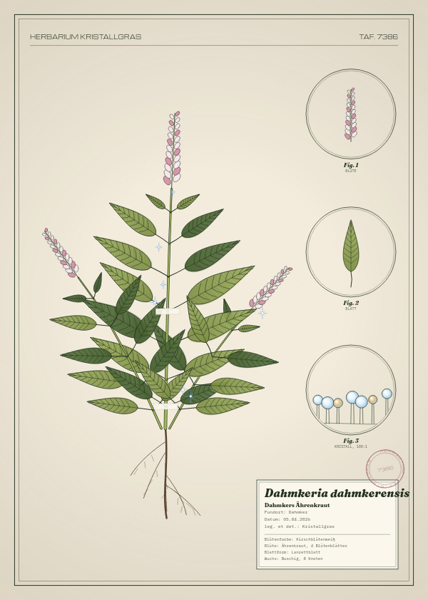 Botanische Tafel: Dahmkeria dahmkerensis, eine erfundene Pflanze aus Dahmker, gezeichnet wie in einem alten Pflanzenatlas
