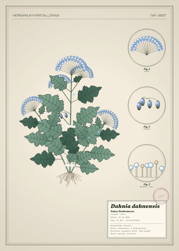 Botanische Tafel: Dahnia dahnensis, eine erfundene Pflanze aus Dahn, gezeichnet wie in einem alten Pflanzenatlas