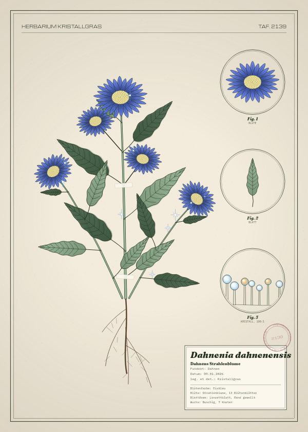 Botanische Tafel: Dahnenia dahnenensis, eine erfundene Pflanze aus Dahnen, gezeichnet wie in einem alten Pflanzenatlas