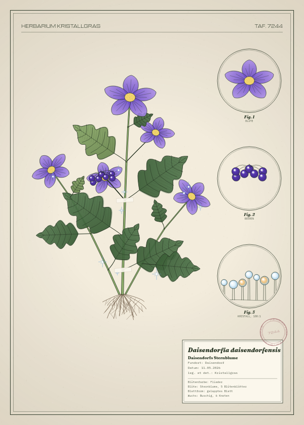 Botanische Tafel: Daisendorfia daisendorfensis, eine erfundene Pflanze aus Daisendorf, gezeichnet wie in einem alten Pflanzenatlas