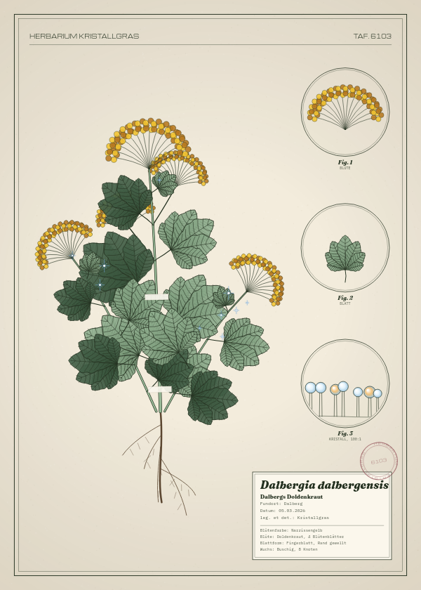 Botanische Tafel: Dalbergia dalbergensis, eine erfundene Pflanze aus Dalberg, gezeichnet wie in einem alten Pflanzenatlas